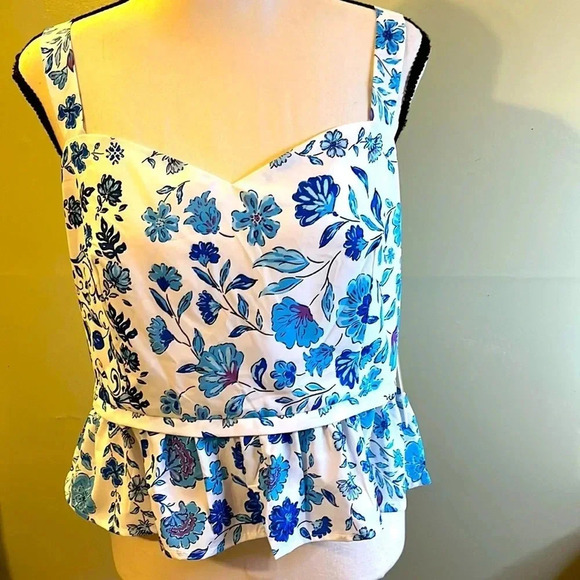 Aqua floral print sweetheart neck blue white peplum exposed zipper back top - Picture 3 of 16